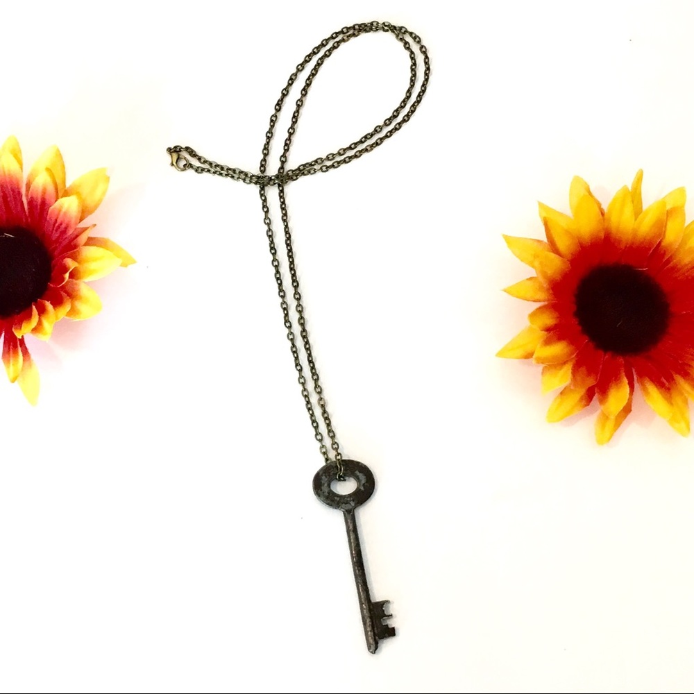 Long Bronze Skeleton Key Necklace 30” Chain